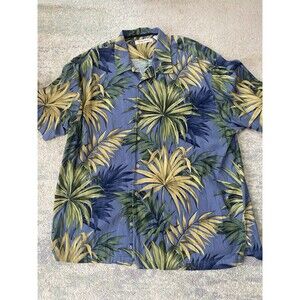 Tommy Bahama Size XXL or 2XL Silk Shirt Mens Blue Yellow Hawaiian Palm Leaves